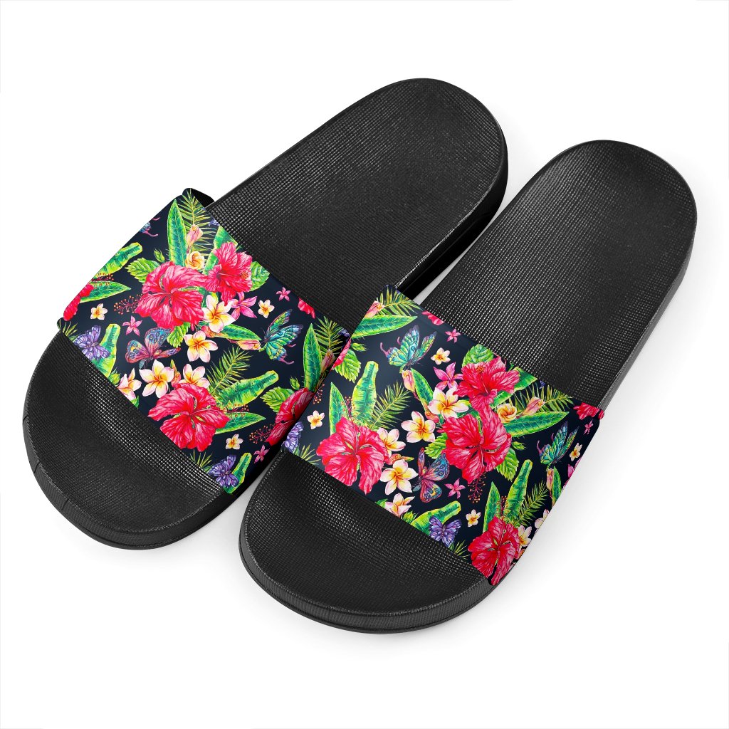 Exotic Hibiscus Flowers Pattern Print Black Slide Sandals