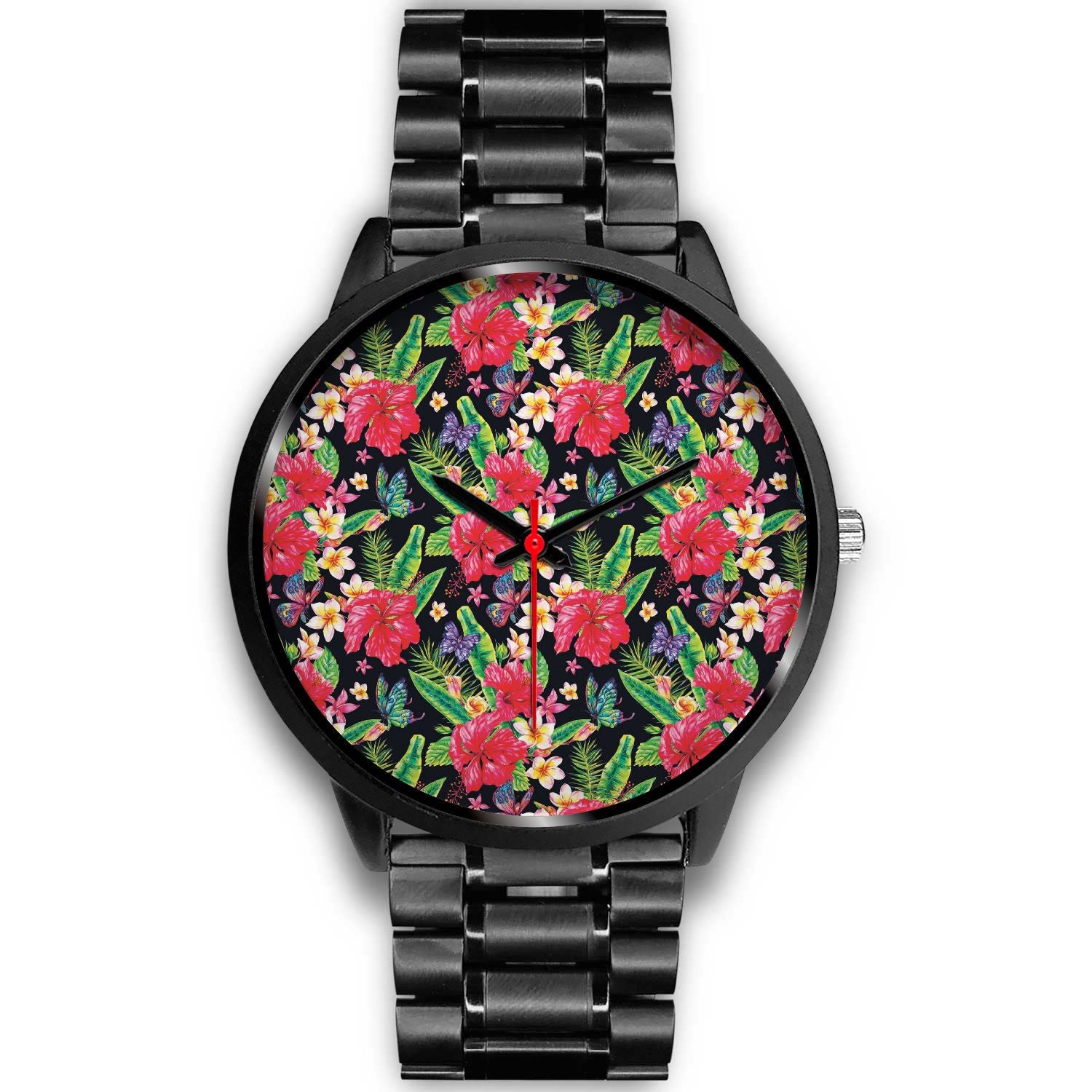 Exotic Hibiscus Flowers Pattern Print Black Watch