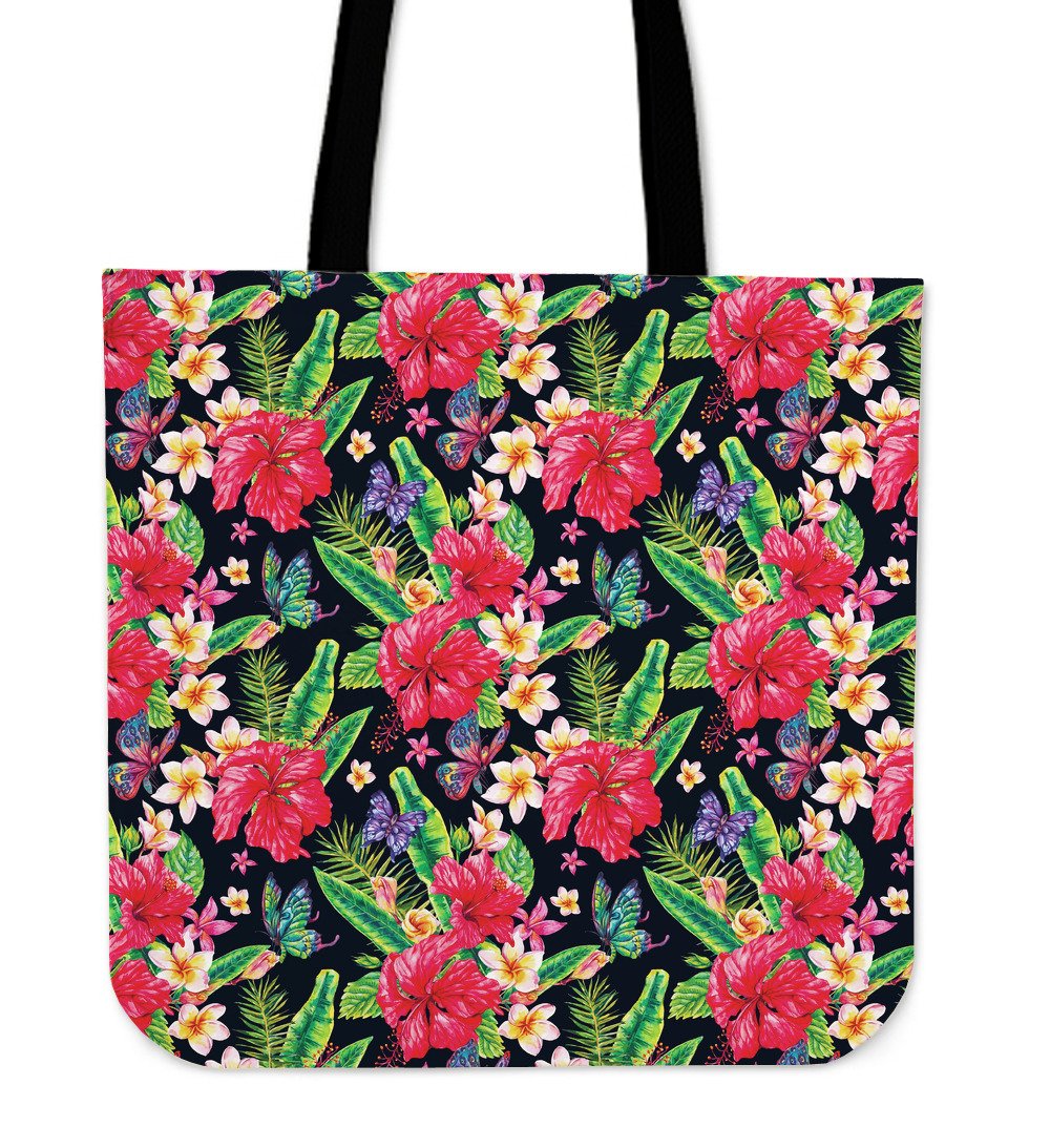 Exotic Hibiscus Flowers Pattern Print Canvas Tote Bag