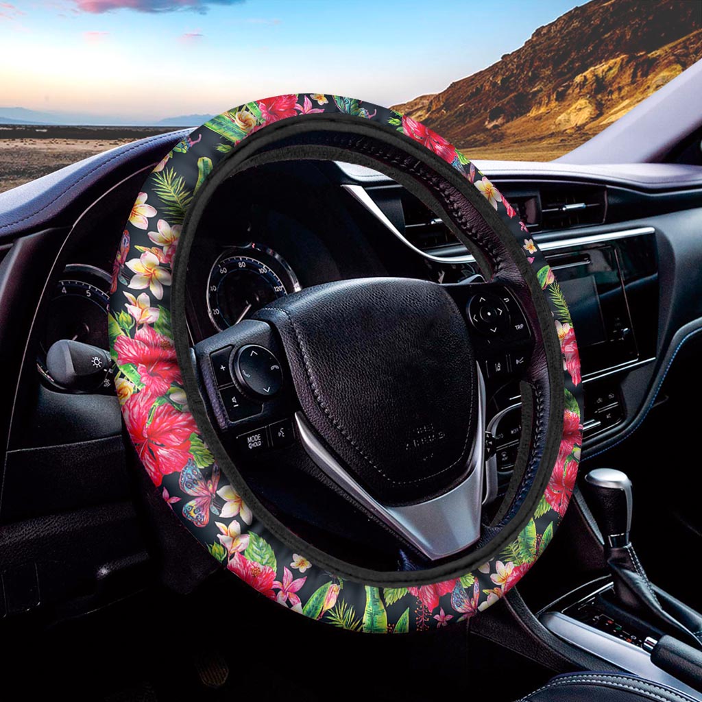 Exotic Hibiscus Flowers Pattern Print Car Steering Wheel Cover