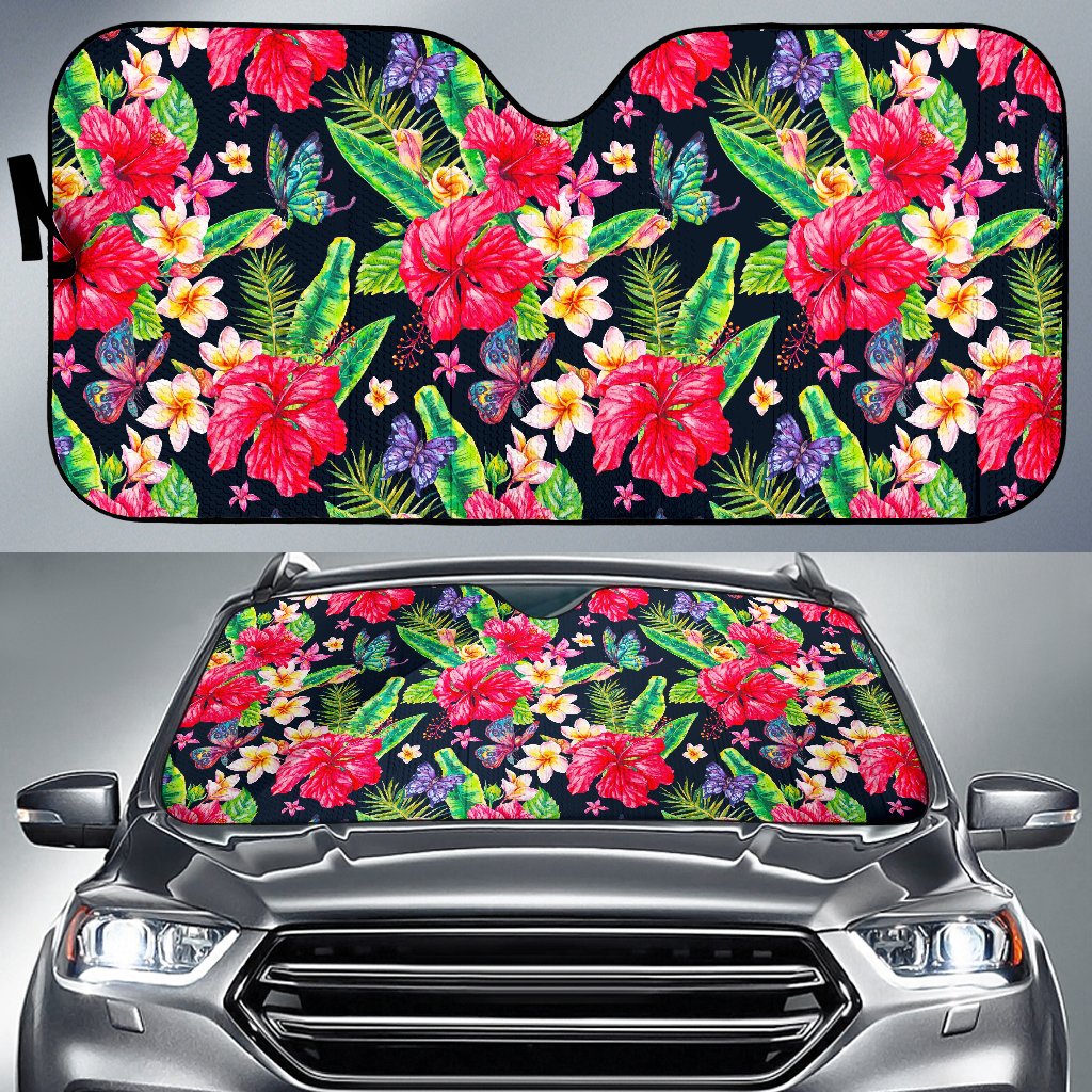 Exotic Hibiscus Flowers Pattern Print Car Sun Shade