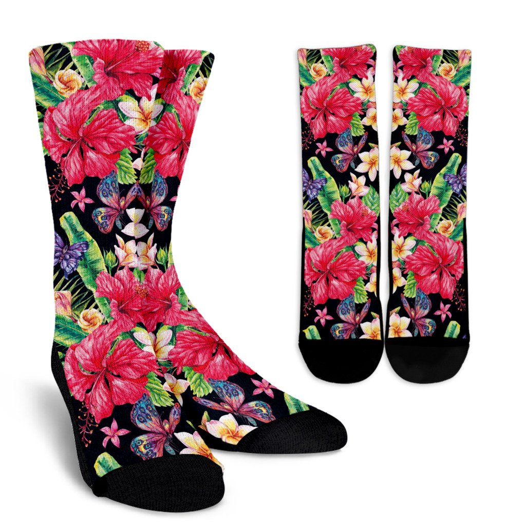 Exotic Hibiscus Flowers Pattern Print Crew Socks