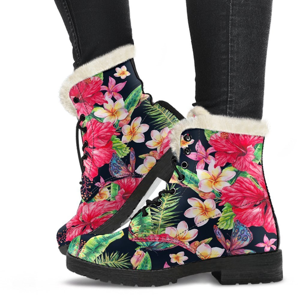 Exotic Hibiscus Flowers Pattern Print Faux Fur Leather Boots