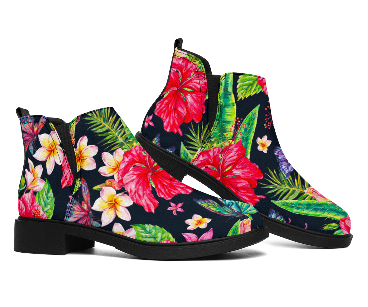 Exotic Hibiscus Flowers Pattern Print Flat Ankle Boots