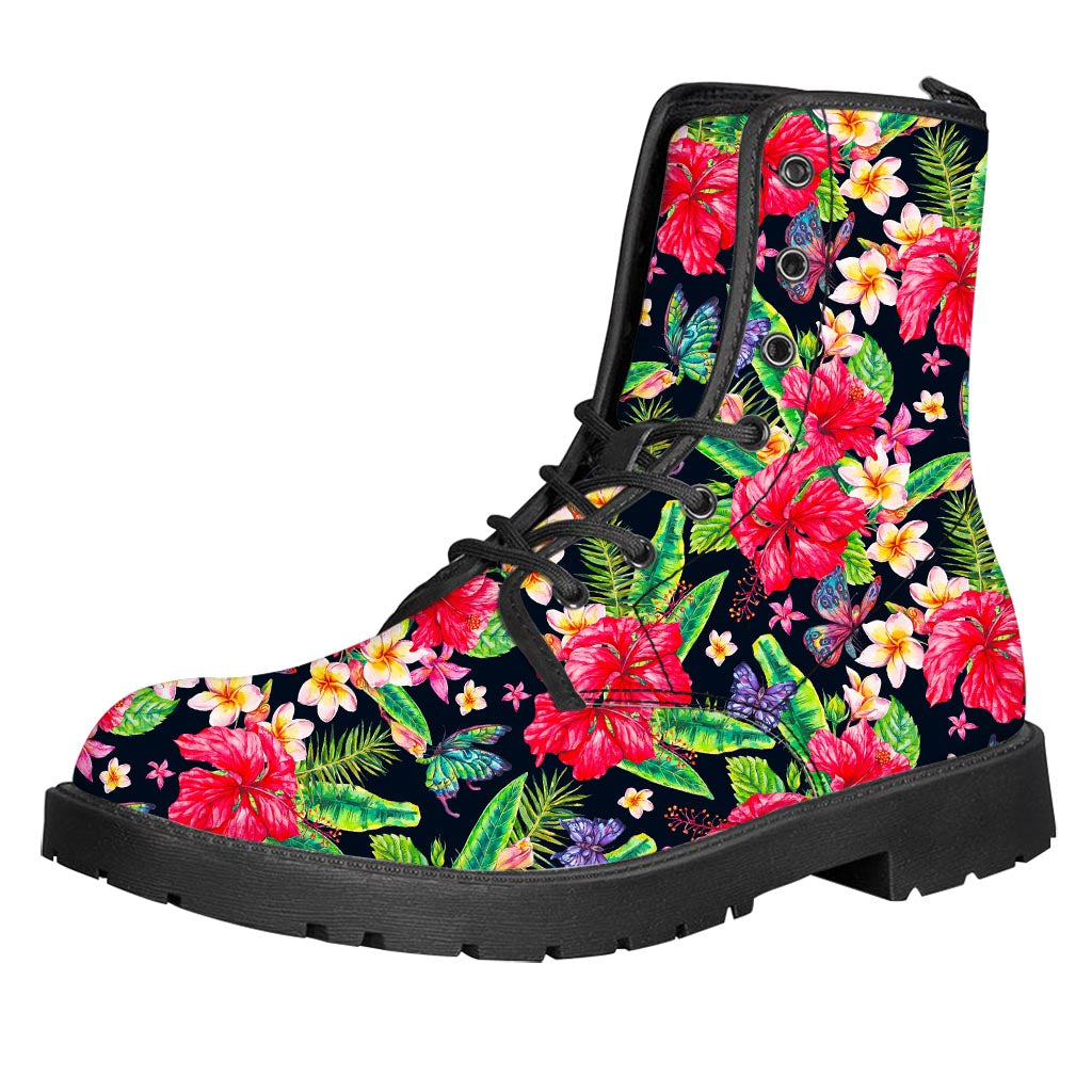 Exotic Hibiscus Flowers Pattern Print Leather Boots