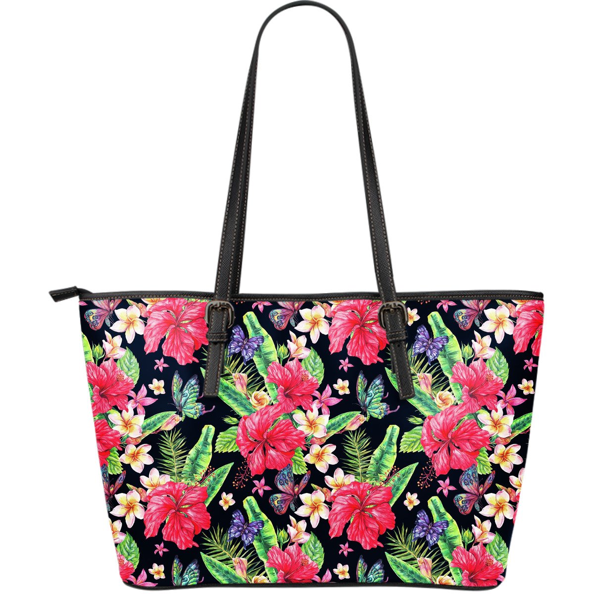 Exotic Hibiscus Flowers Pattern Print Leather Tote Bag