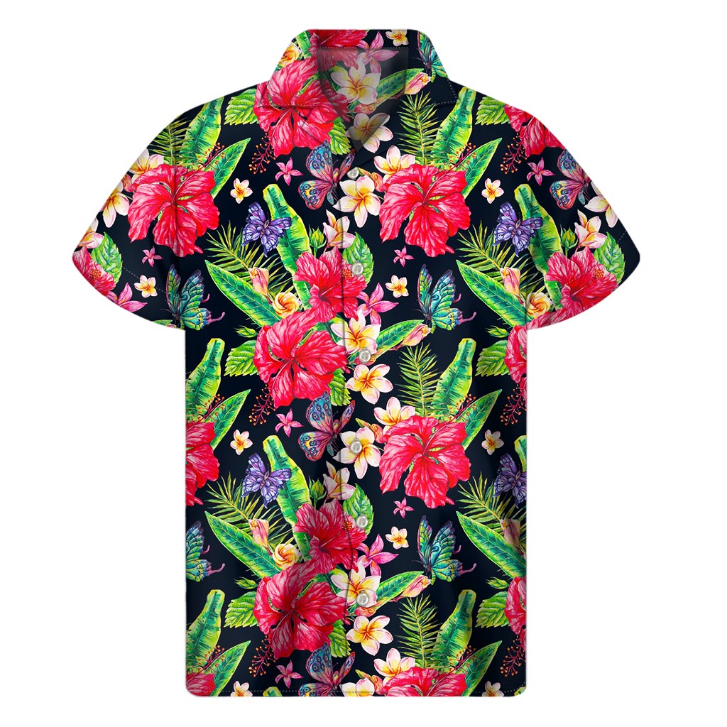 Exotic Hibiscus Flowers Pattern Print Men's Short Sleeve Shirt