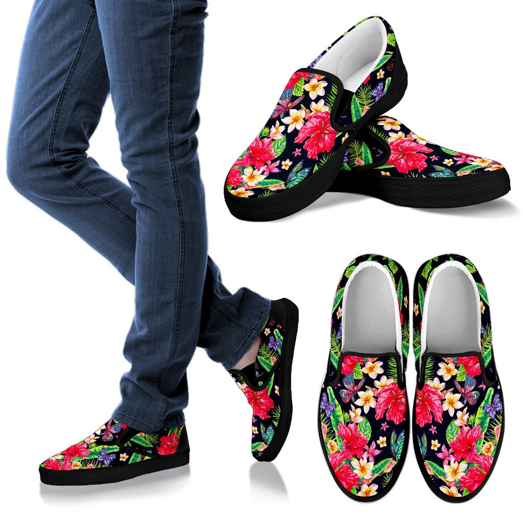 Exotic Hibiscus Flowers Pattern Print Men's Slip On Shoes