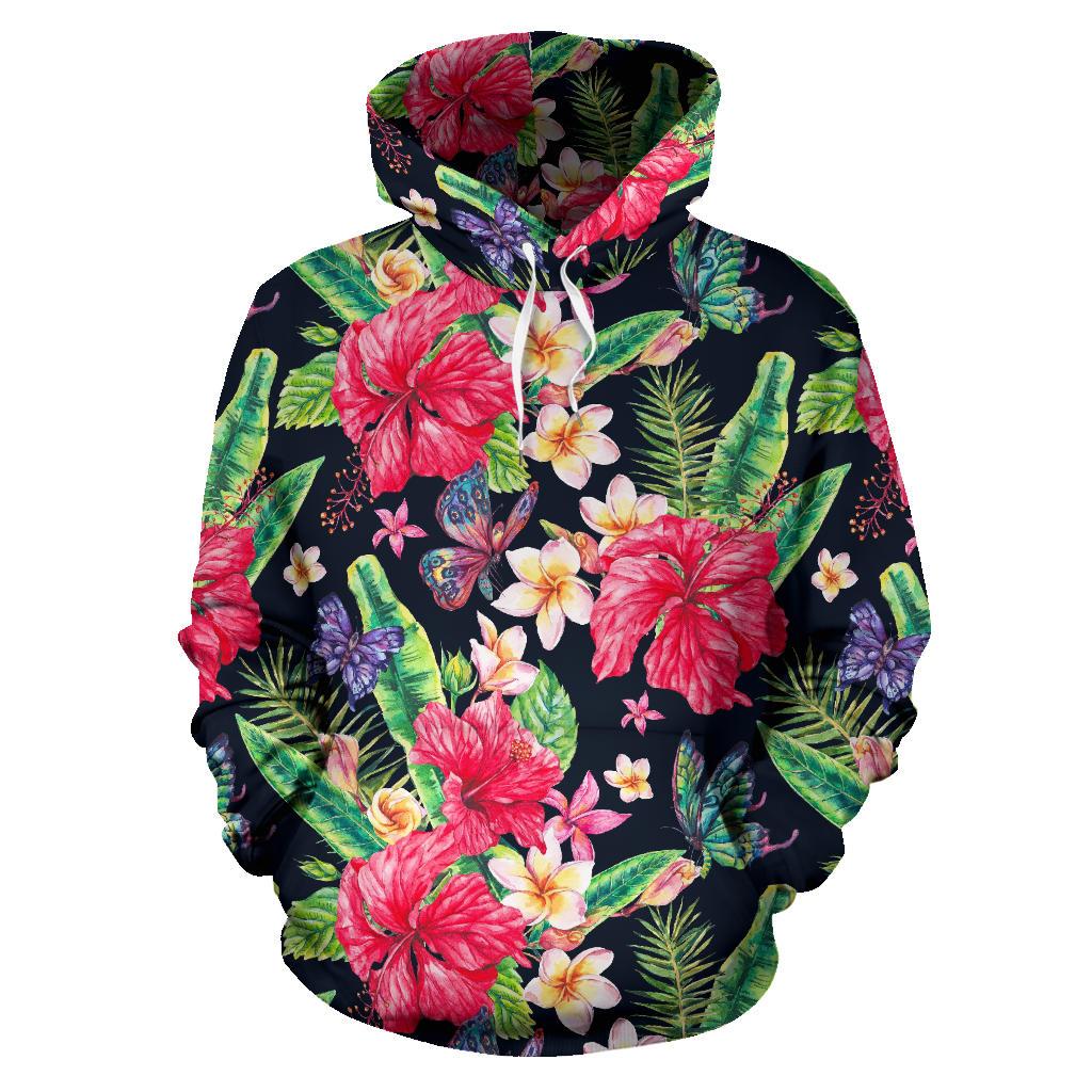 Exotic Hibiscus Flowers Pattern Print Pullover Hoodie