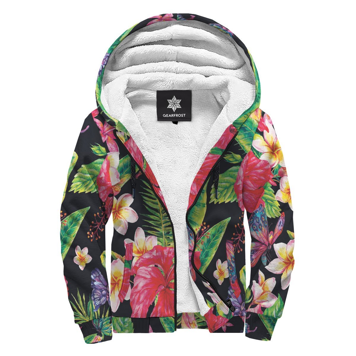 Exotic Hibiscus Flowers Pattern Print Sherpa Lined Fleece Hoodie