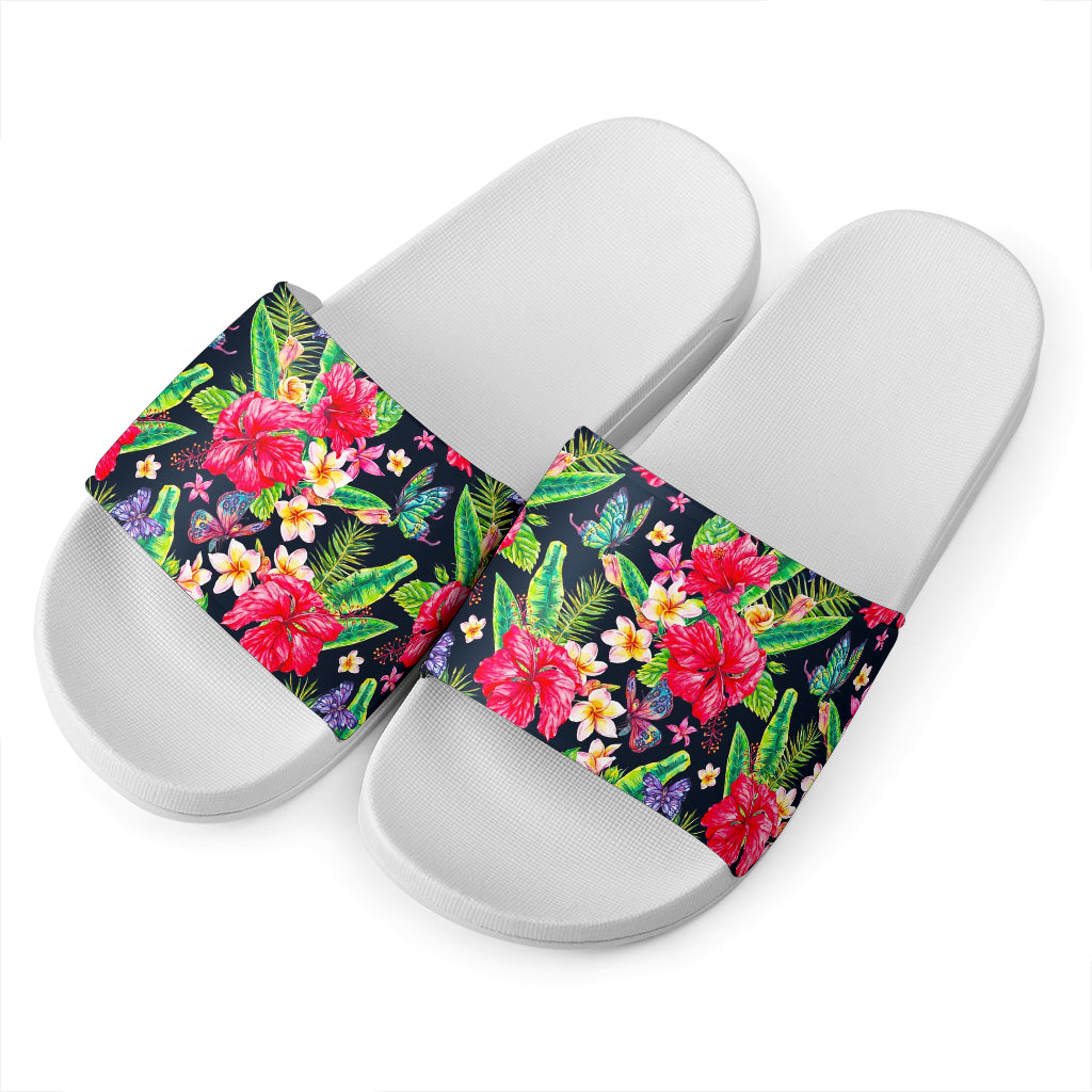 Exotic Hibiscus Flowers Pattern Print White Slide Sandals