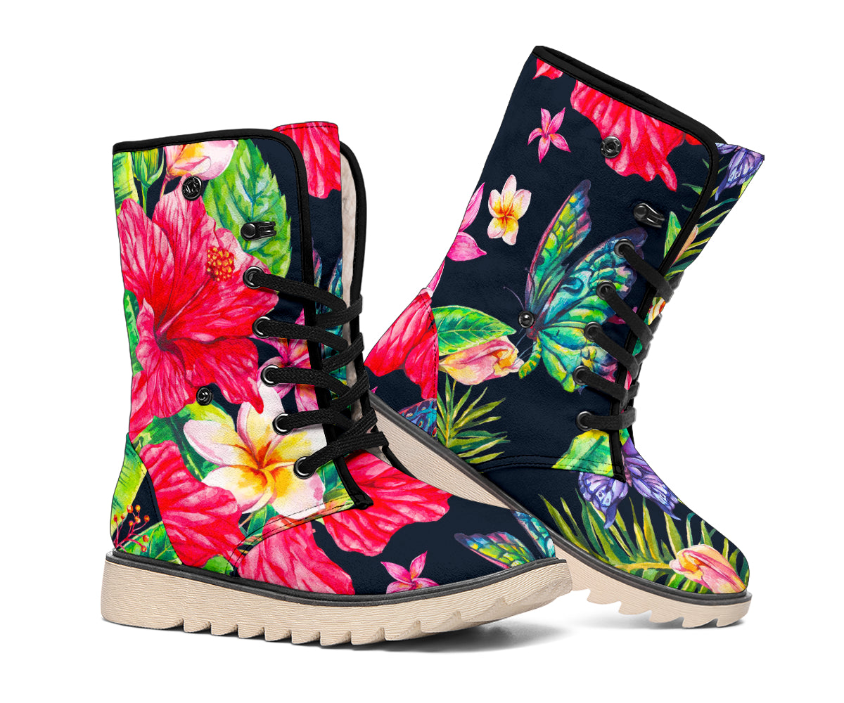 Exotic Hibiscus Flowers Pattern Print Winter Boots