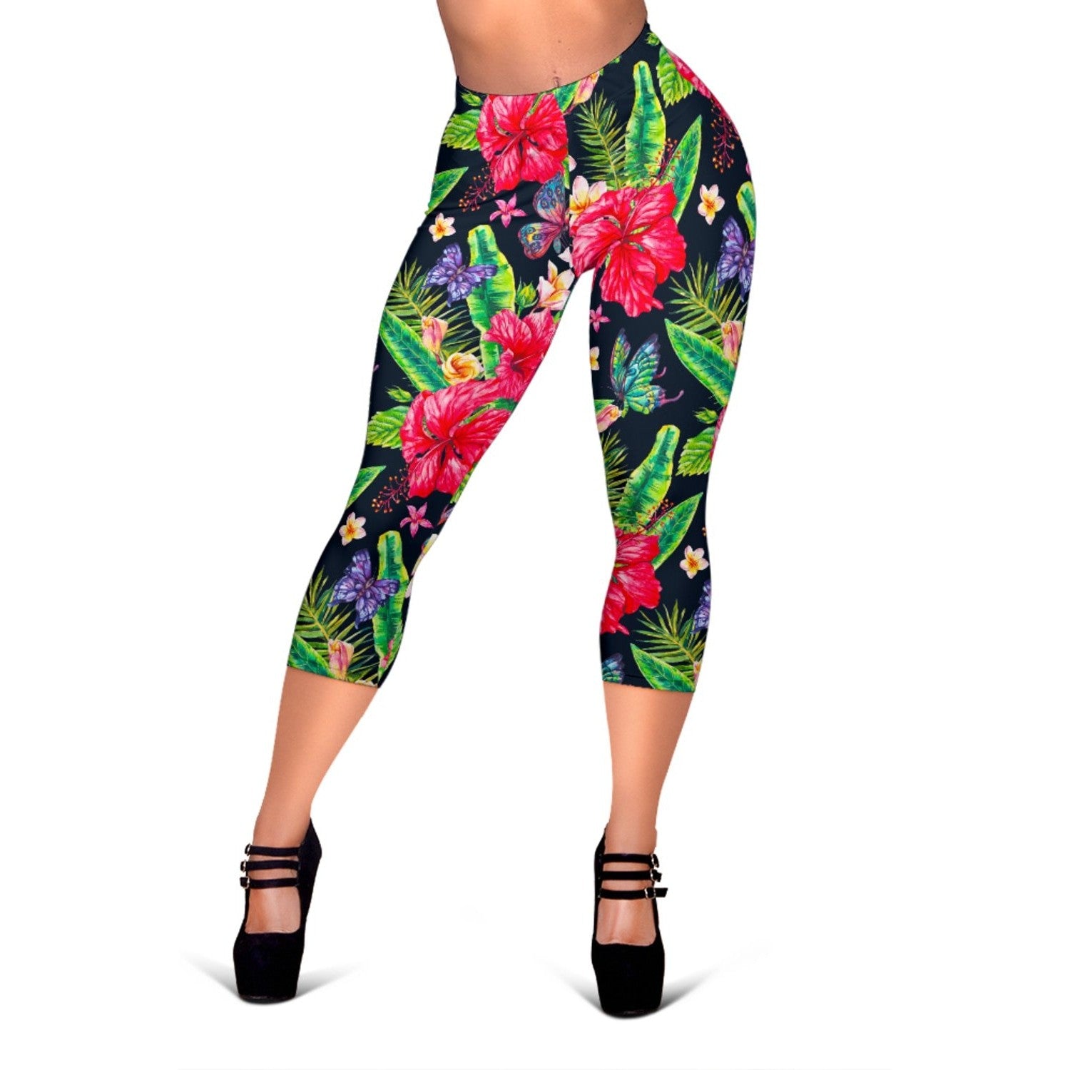 Exotic Hibiscus Flowers Pattern Print Women's Capri Leggings