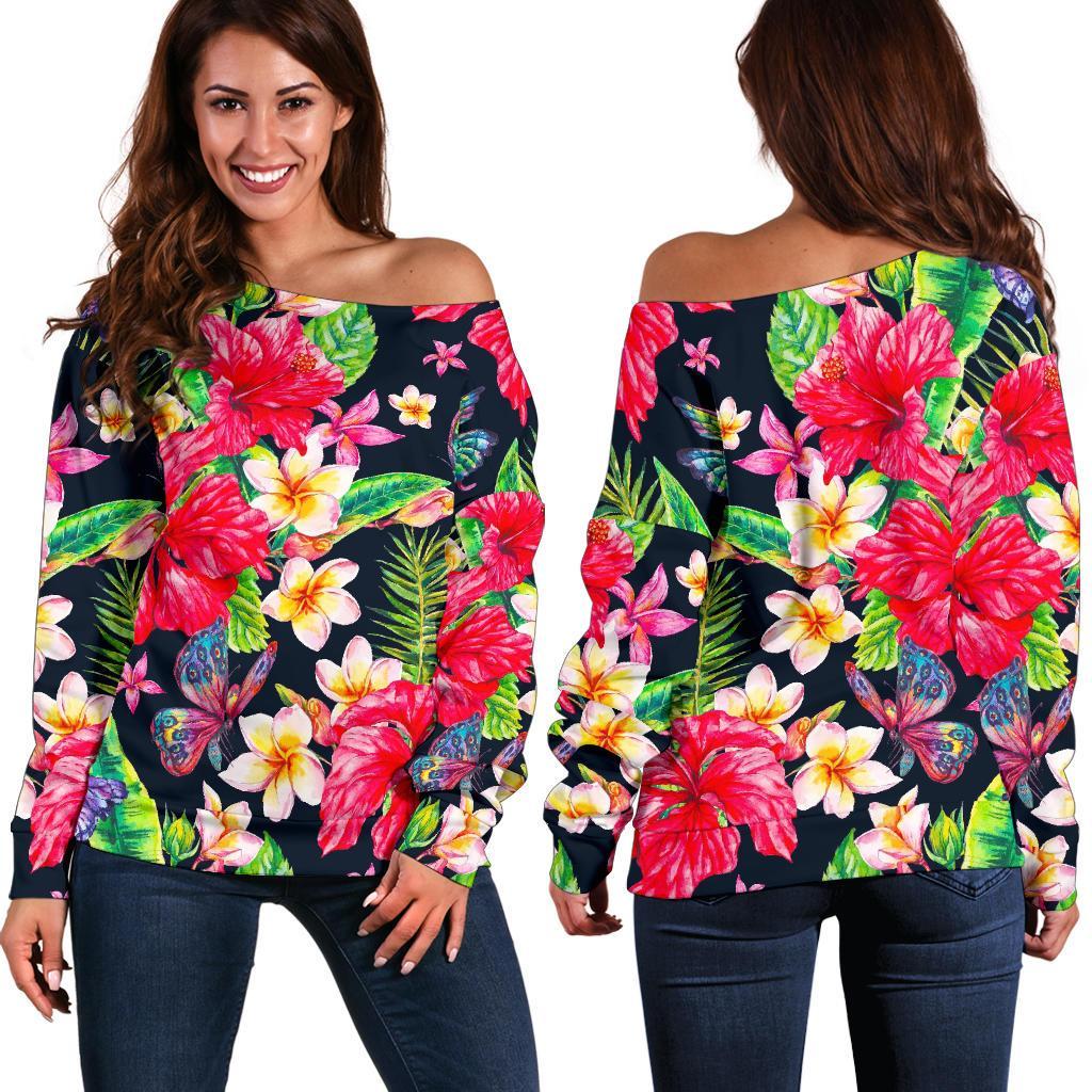 Exotic Hibiscus Flowers Pattern Print Women's Off-Shoulder Sweatshirt