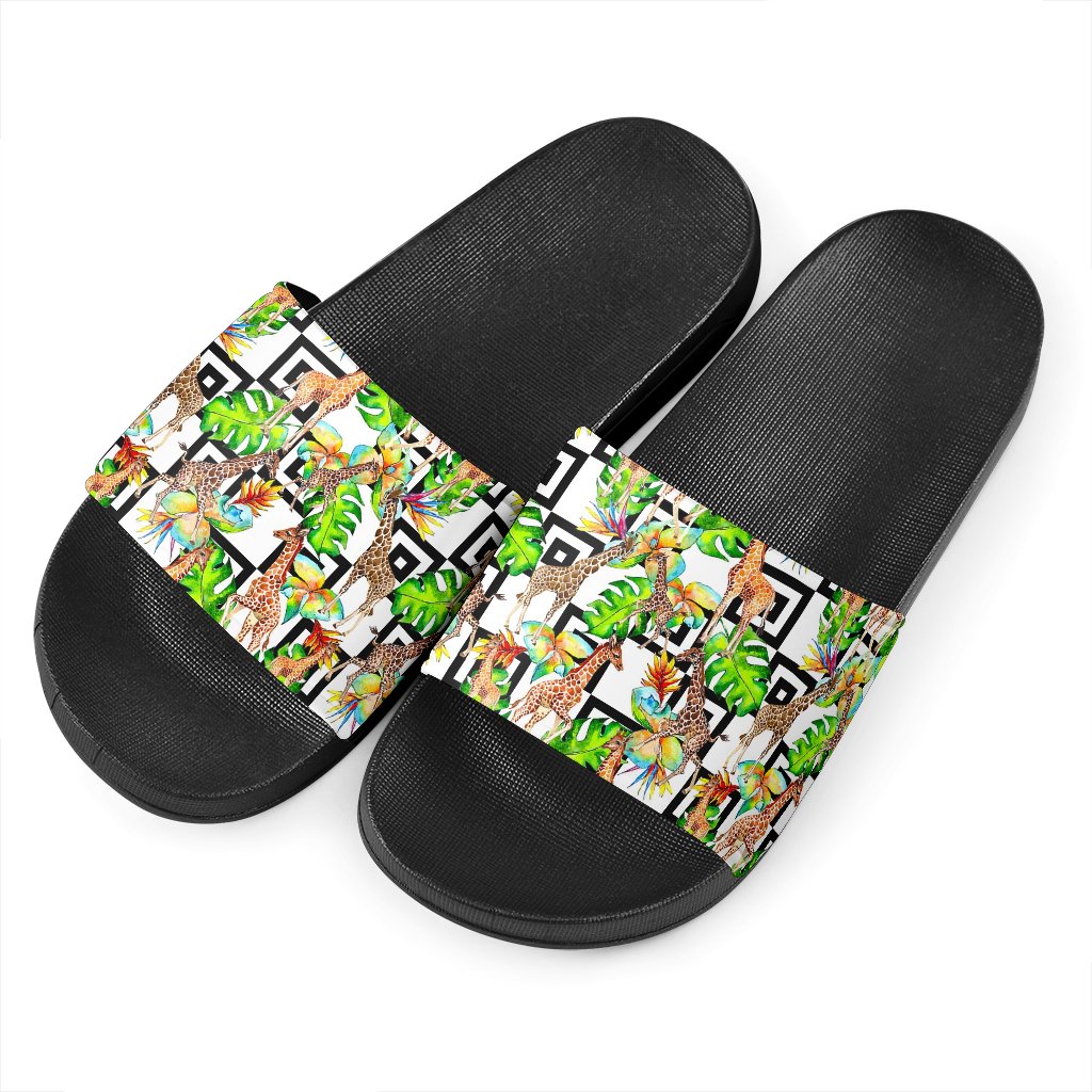 Exotic Tropical Giraffe Pattern Print Black Slide Sandals