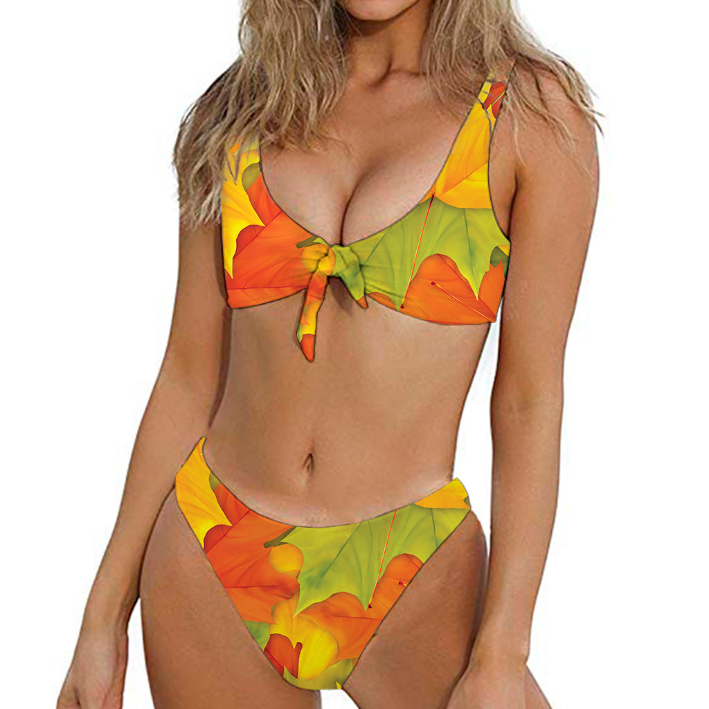 Fall Autumn Maple Leaves Print Front Bow Tie Bikini