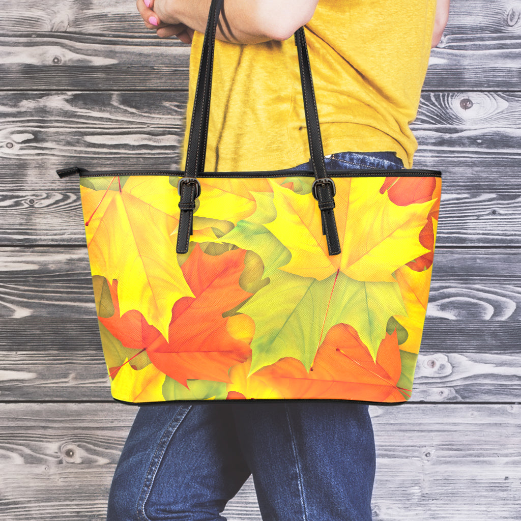 Fall Autumn Maple Leaves Print Leather Tote Bag