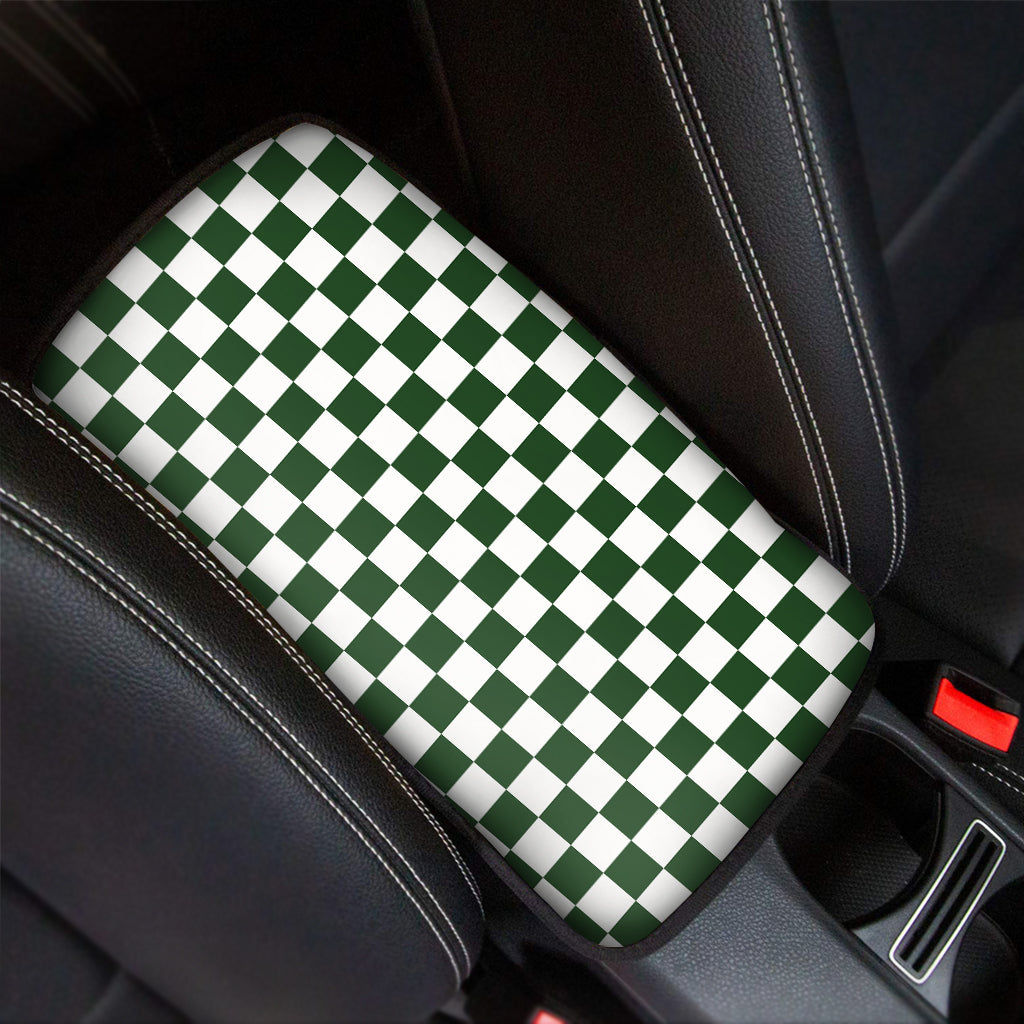 Forest Green And White Checkered Print Car Center Console Cover