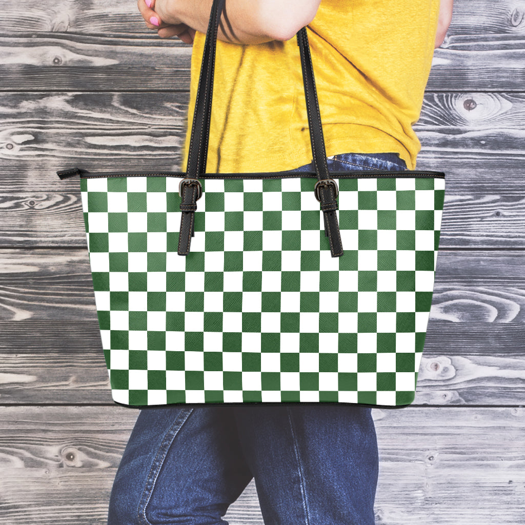 Forest Green And White Checkered Print Leather Tote Bag