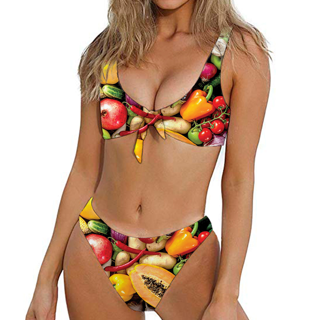 Fresh Fruits And Vegetables Print Front Bow Tie Bikini