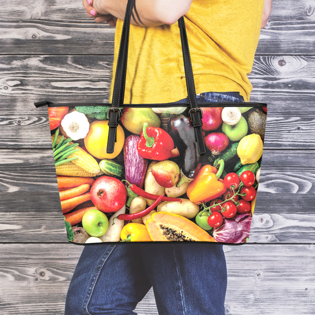 Fresh Fruits And Vegetables Print Leather Tote Bag