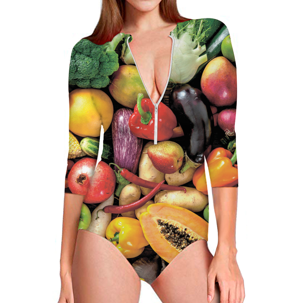 Fresh Fruits And Vegetables Print Long Sleeve One Piece Swimsuit