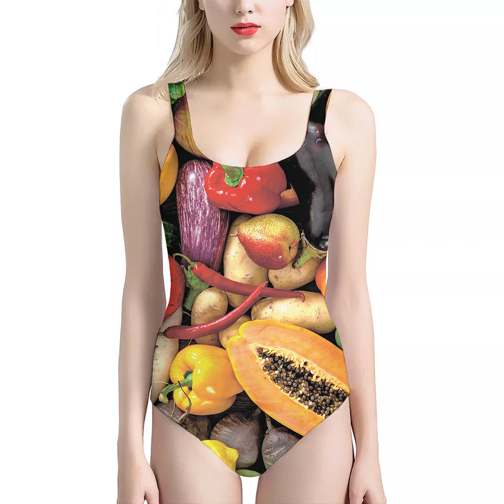 Fresh Fruits And Vegetables Print One Piece Halter Neck Swimsuit