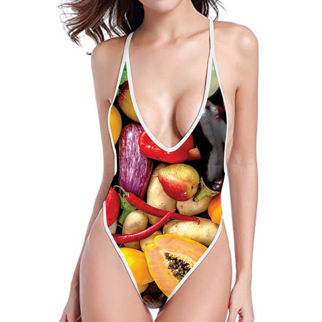 Fresh Fruits And Vegetables Print One Piece High Cut Swimsuit