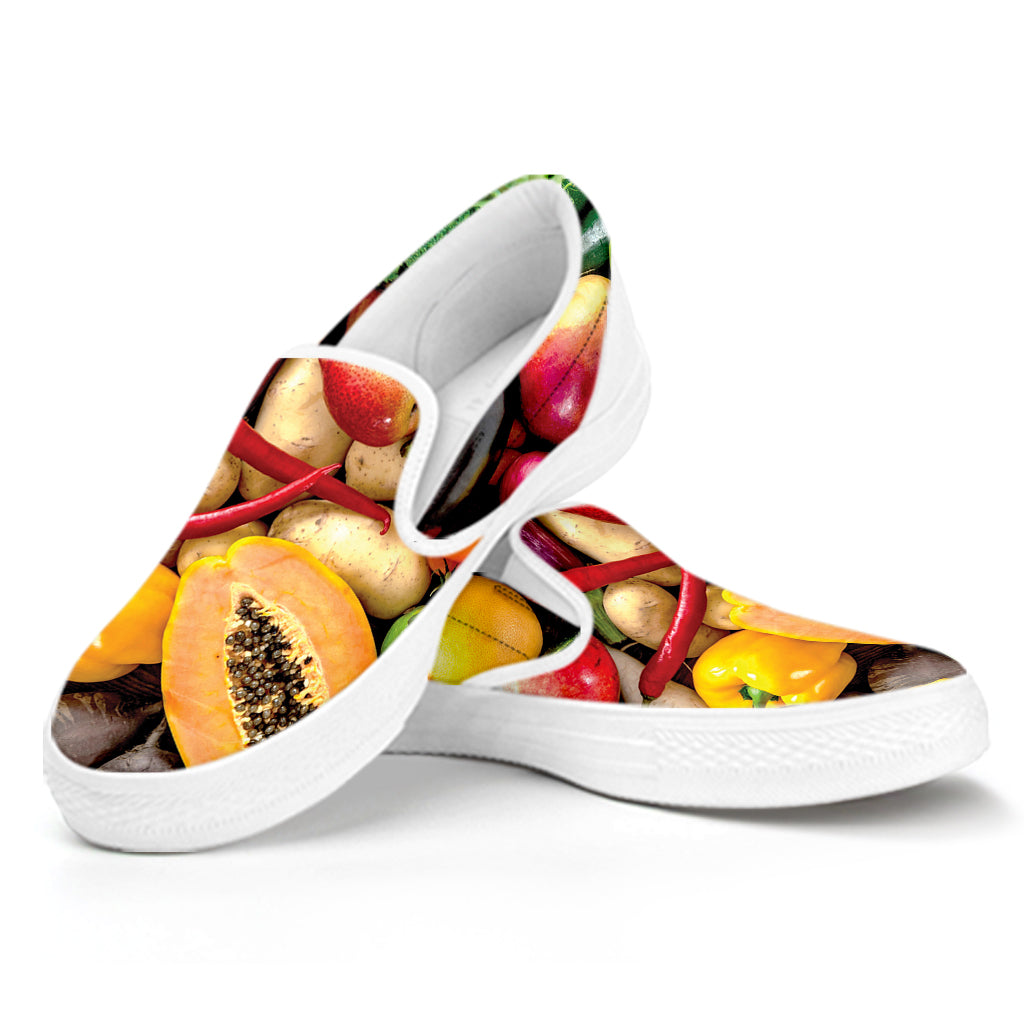 Fresh Fruits And Vegetables Print White Slip On Shoes