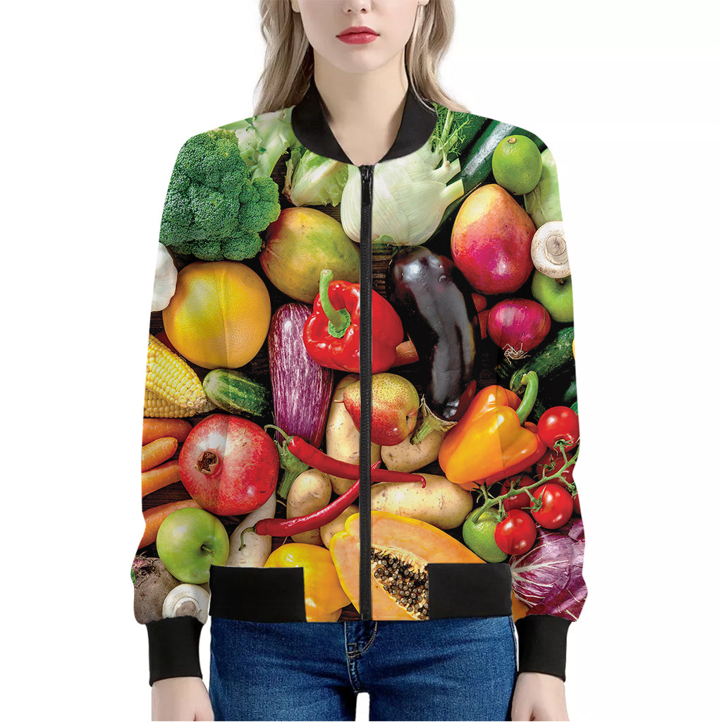 Fresh Fruits And Vegetables Print Women's Bomber Jacket