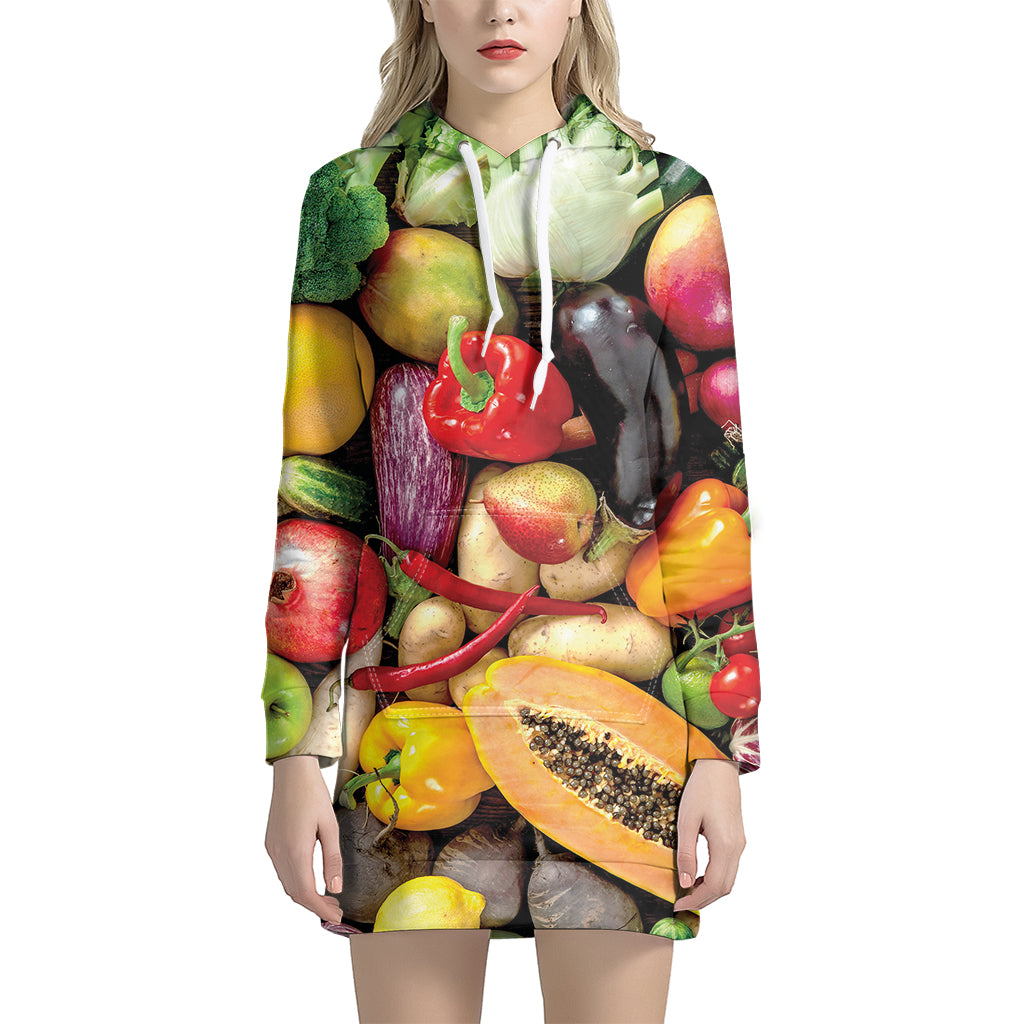 Fresh Fruits And Vegetables Print Women's Pullover Hoodie Dress