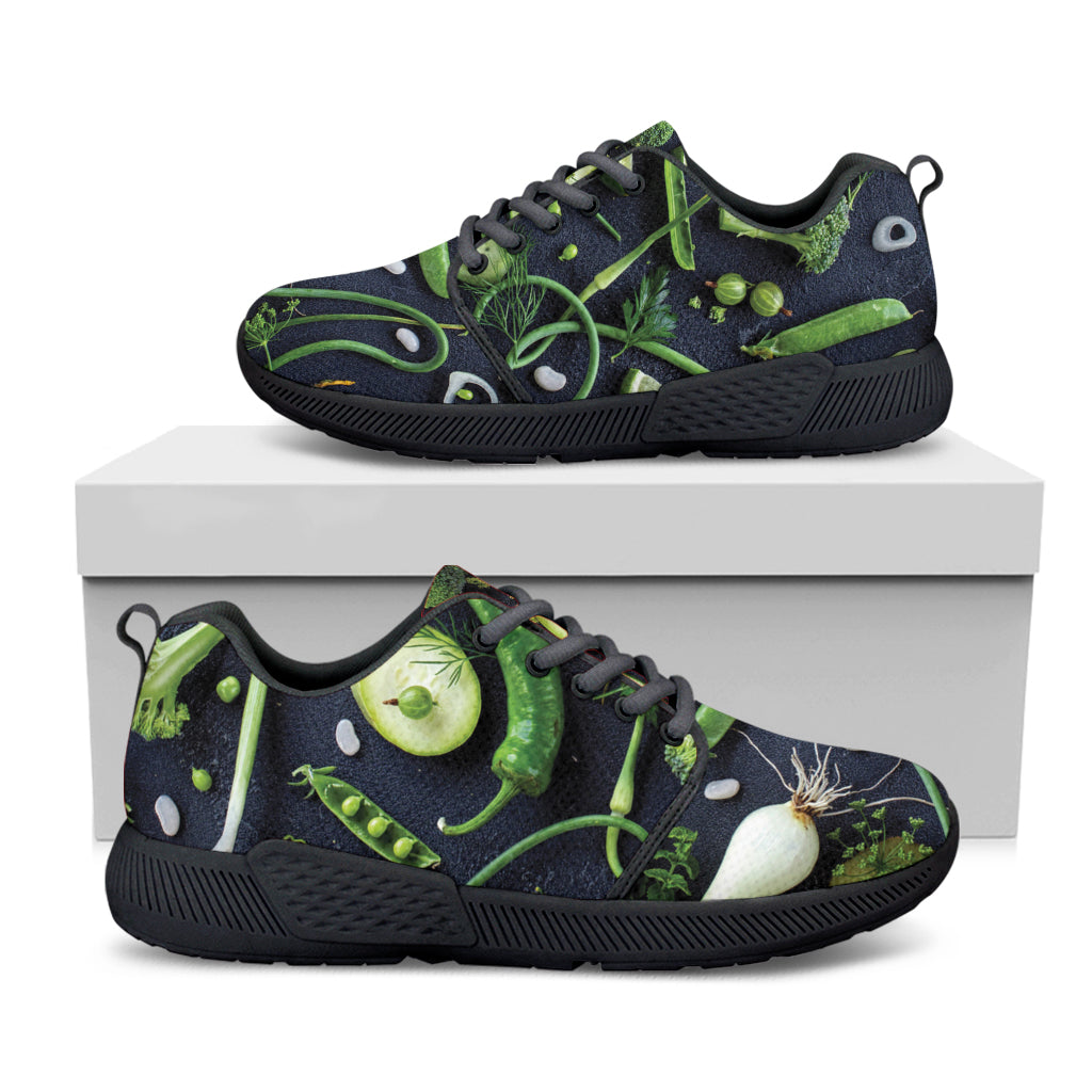 Fresh Green Fruit And Vegetables Print Black Athletic Shoes