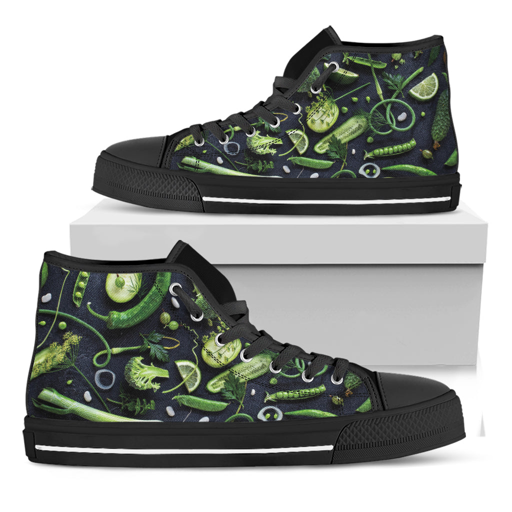 Fresh Green Fruit And Vegetables Print Black High Top Shoes