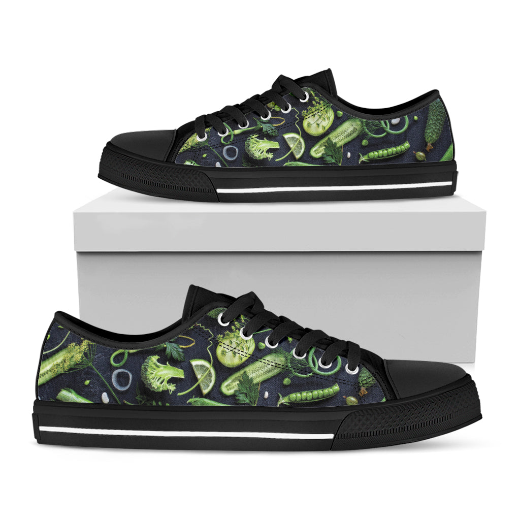 Fresh Green Fruit And Vegetables Print Black Low Top Shoes