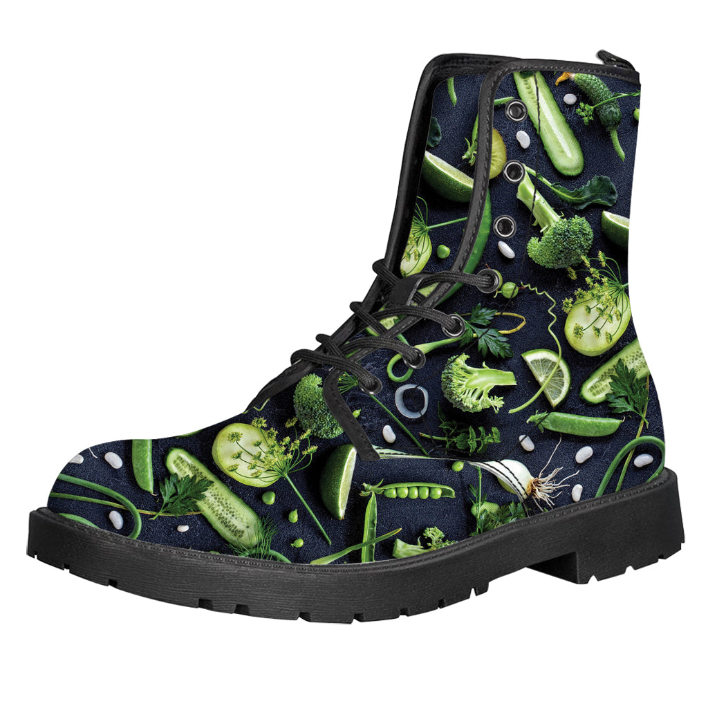 Fresh Green Fruit And Vegetables Print Leather Boots