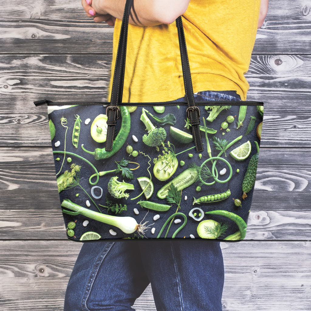 Fresh Green Fruit And Vegetables Print Leather Tote Bag