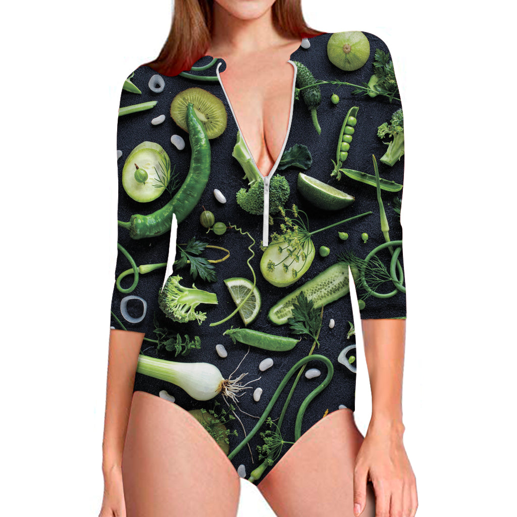 Fresh Green Fruit And Vegetables Print Long Sleeve One Piece Swimsuit
