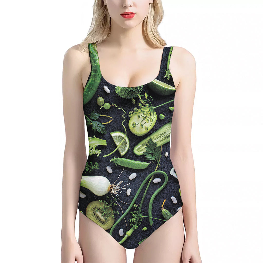 Fresh Green Fruit And Vegetables Print One Piece Halter Neck Swimsuit