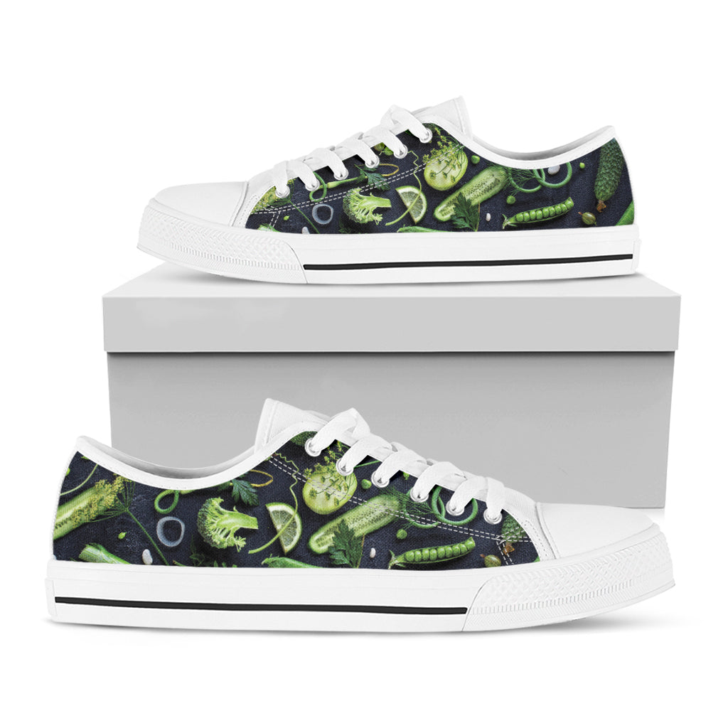 Fresh Green Fruit And Vegetables Print White Low Top Shoes