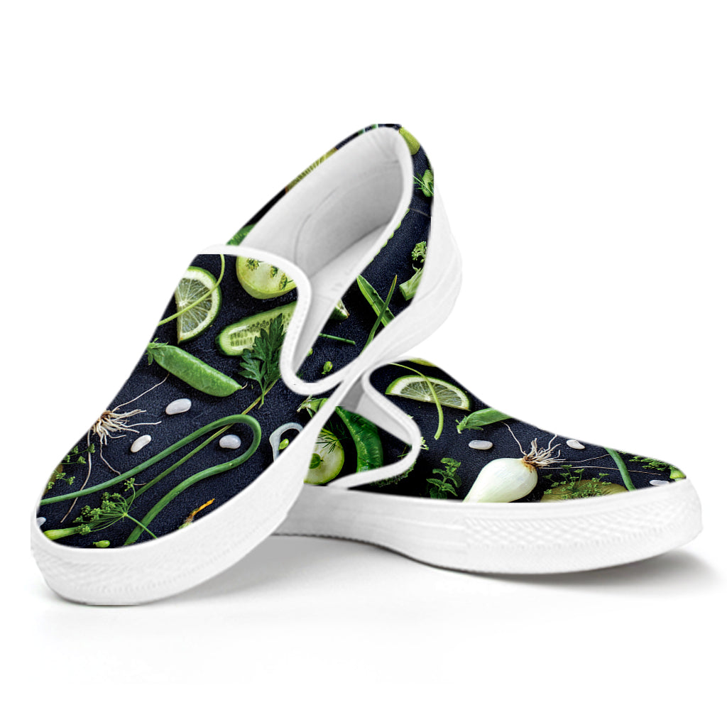 Fresh Green Fruit And Vegetables Print White Slip On Shoes