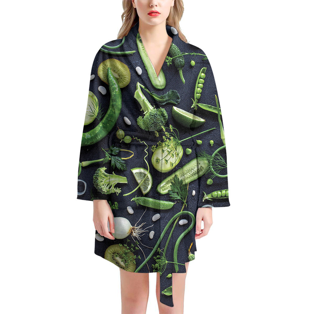 Fresh Green Fruit And Vegetables Print Women's Bathrobe