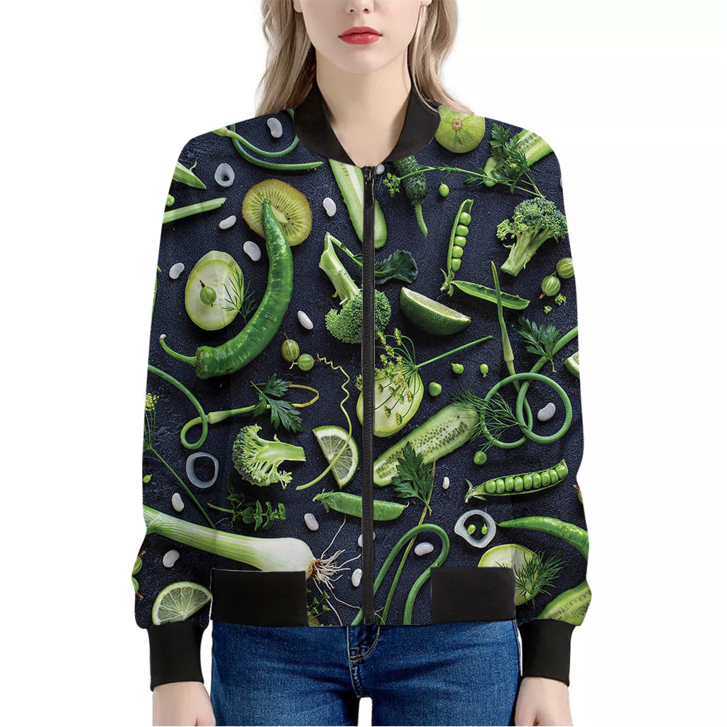 Fresh Green Fruit And Vegetables Print Women's Bomber Jacket