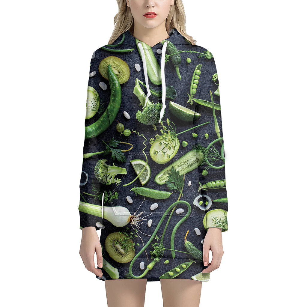 Fresh Green Fruit And Vegetables Print Women's Pullover Hoodie Dress