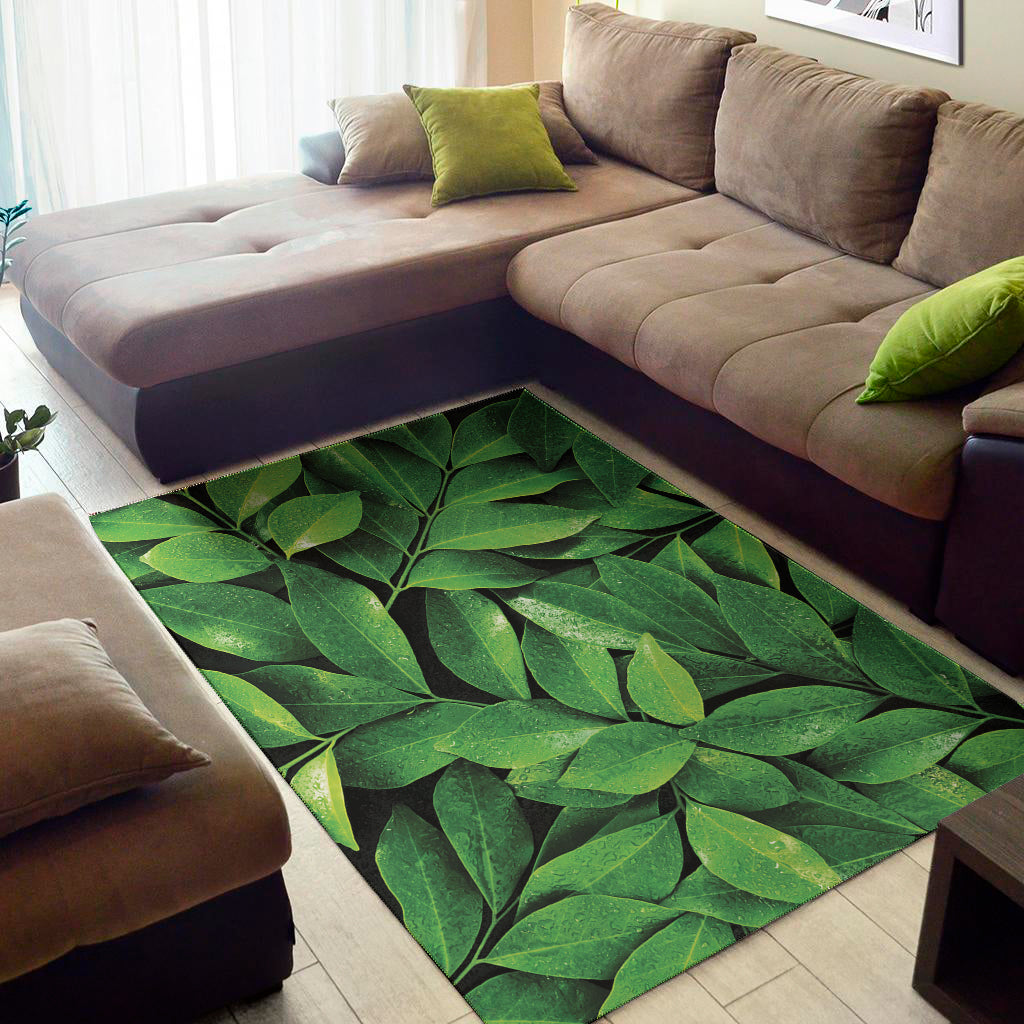 Fresh Green Leaf Print Area Rug