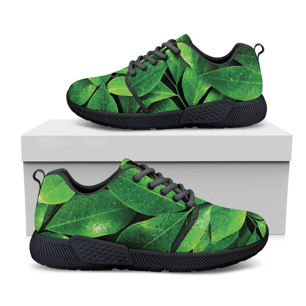 Fresh Green Leaf Print Black Athletic Shoes