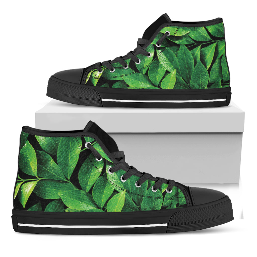 Fresh Green Leaf Print Black High Top Shoes