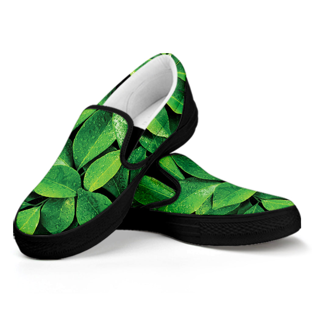 Fresh Green Leaf Print Black Slip On Shoes