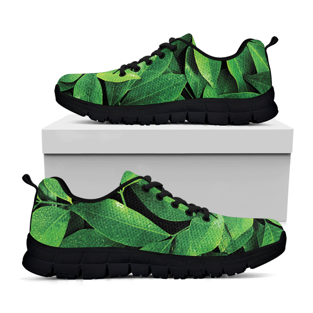 Fresh Green Leaf Print Black Sneakers