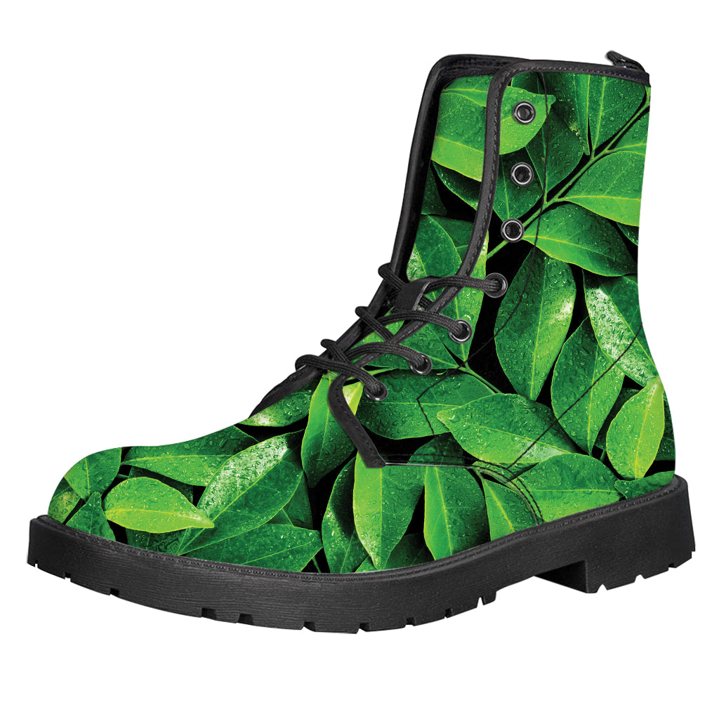 Fresh Green Leaf Print Leather Boots