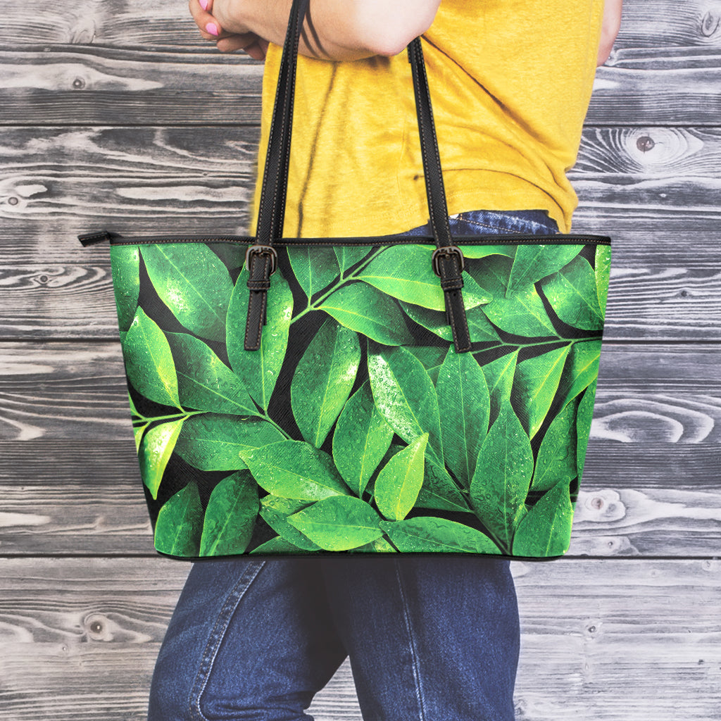 Fresh Green Leaf Print Leather Tote Bag